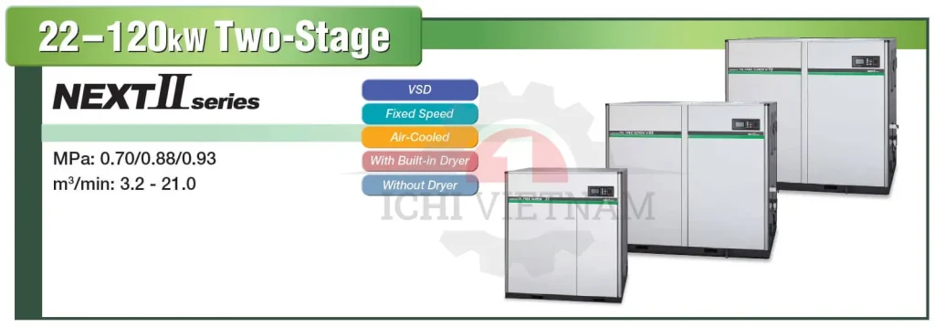 Máy nén khí trục vít Hitachi không dầu công suất 22-120kW, loại máy 2 cấp nén _ 0988.567.645 _ Ichi Vina